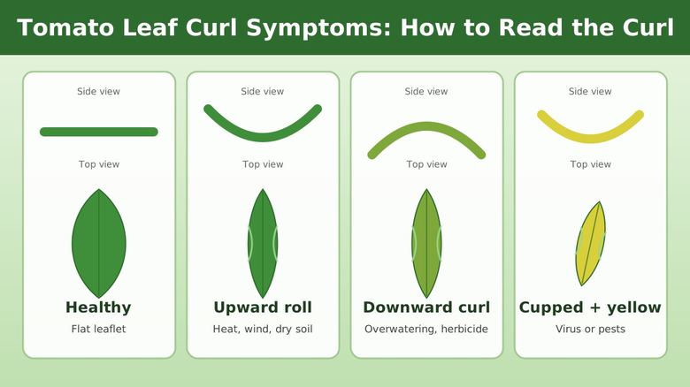 Four tomato leaflets compared in side and top view: healthy flat, upward rolled, downward curled and yellow cupped